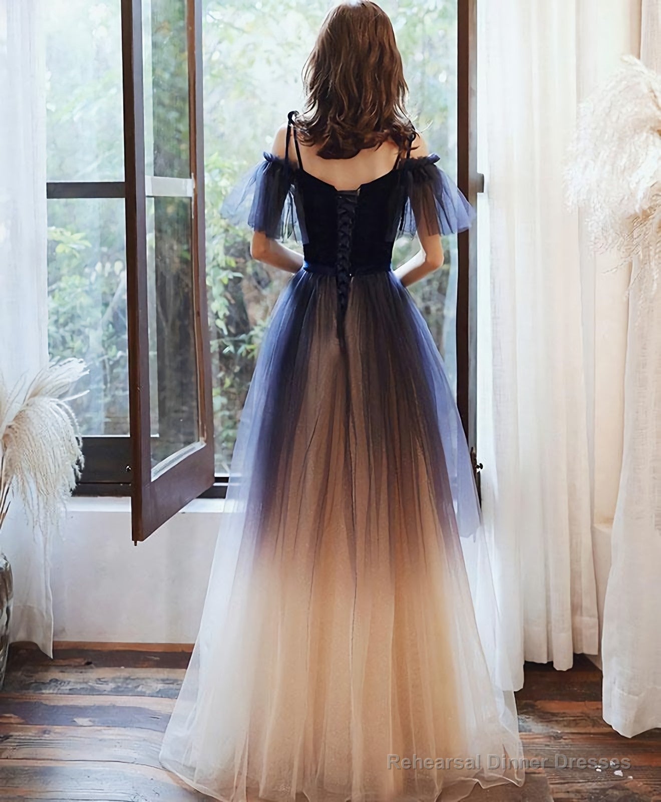 Blue Sweetheart Tulle Off Shoulder Long Prom Dress, Blue Evening Dress Secondary image