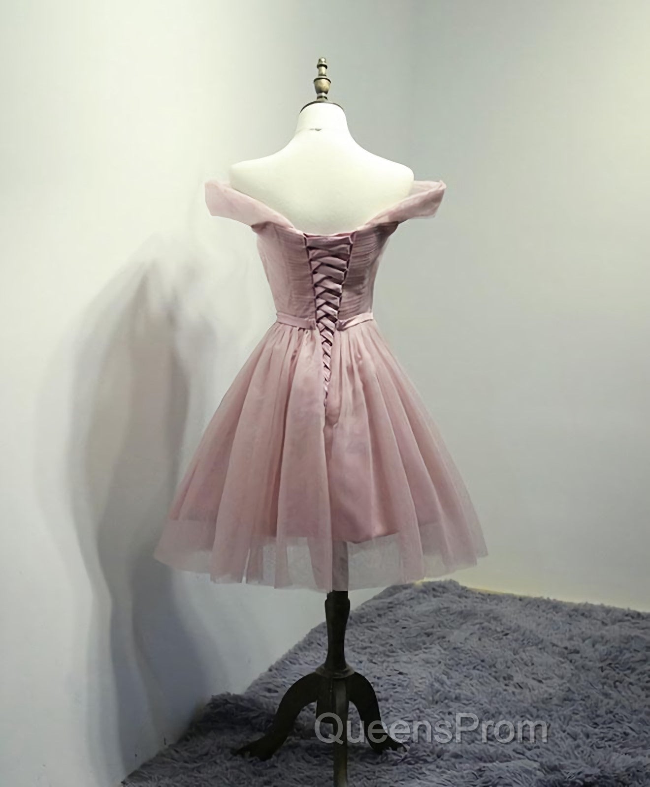 Simple V Neck Tulle Off Shoulder Short Evening Prom Dress, Pink Homecoming Dress