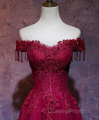 Burgundy Tulle Lace Off Shoulder Long Evening Prom Dress, Burgundy Lace Evening Dress