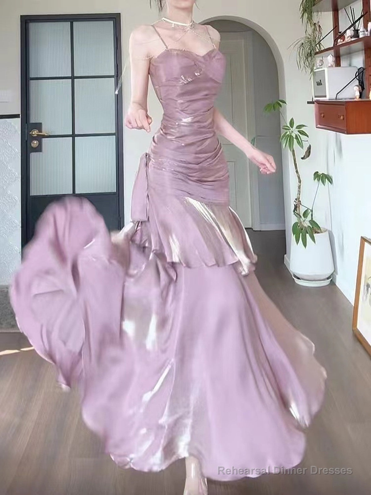 Pink Satin Straps Long Party Dress, Pink Satin Chic Prom Dress Evening Dress Main image