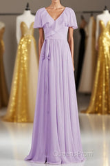 Lavender Faux Wrap Ruffles Long Bridesmaid Dress