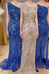 Sequins One-Shoulder Mermaid Long Evening Prom Dress with Slit