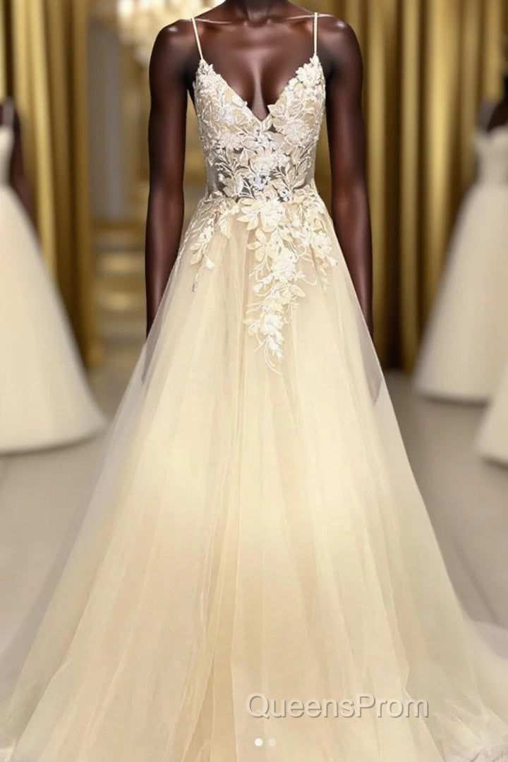 Champagne V Neck Tulle Lace Long Evening Prom Dress Evening Dress Main image