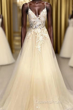 Champagne V Neck Tulle Lace Long Evening Prom Dress Evening Dress
