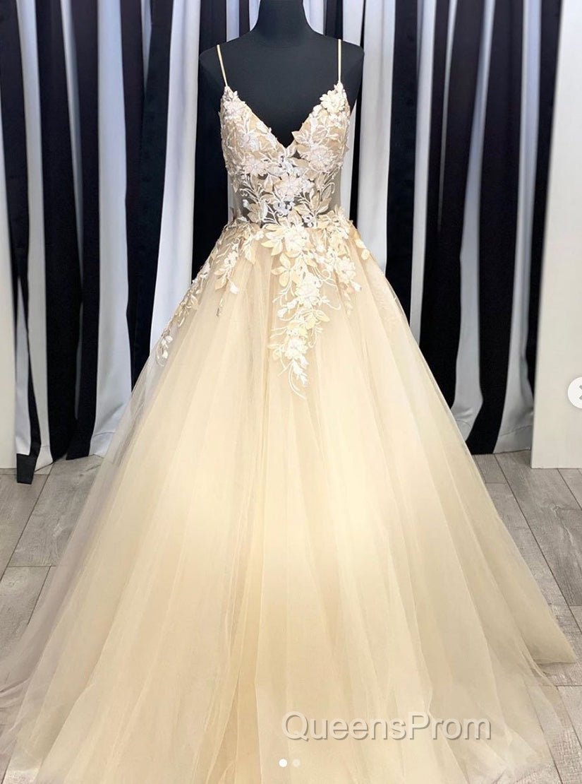 Champagne V Neck Tulle Lace Long Evening Prom Dress Evening Dress