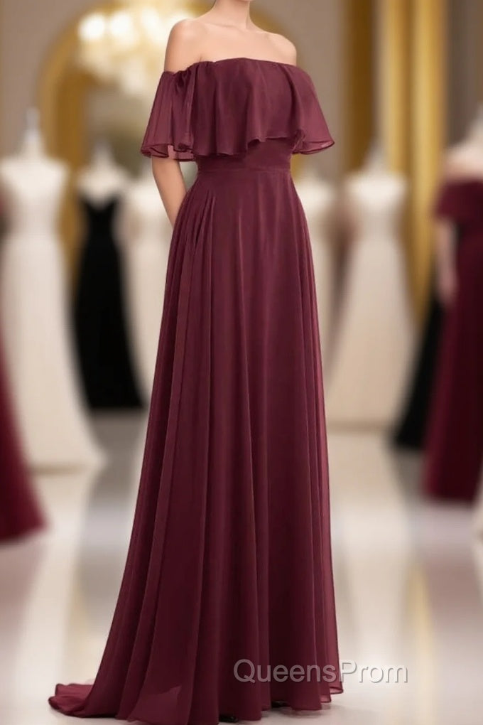 Burgundy Chiffon Strapless Ruffled A-Line Long Bridesmaid Dress Main image