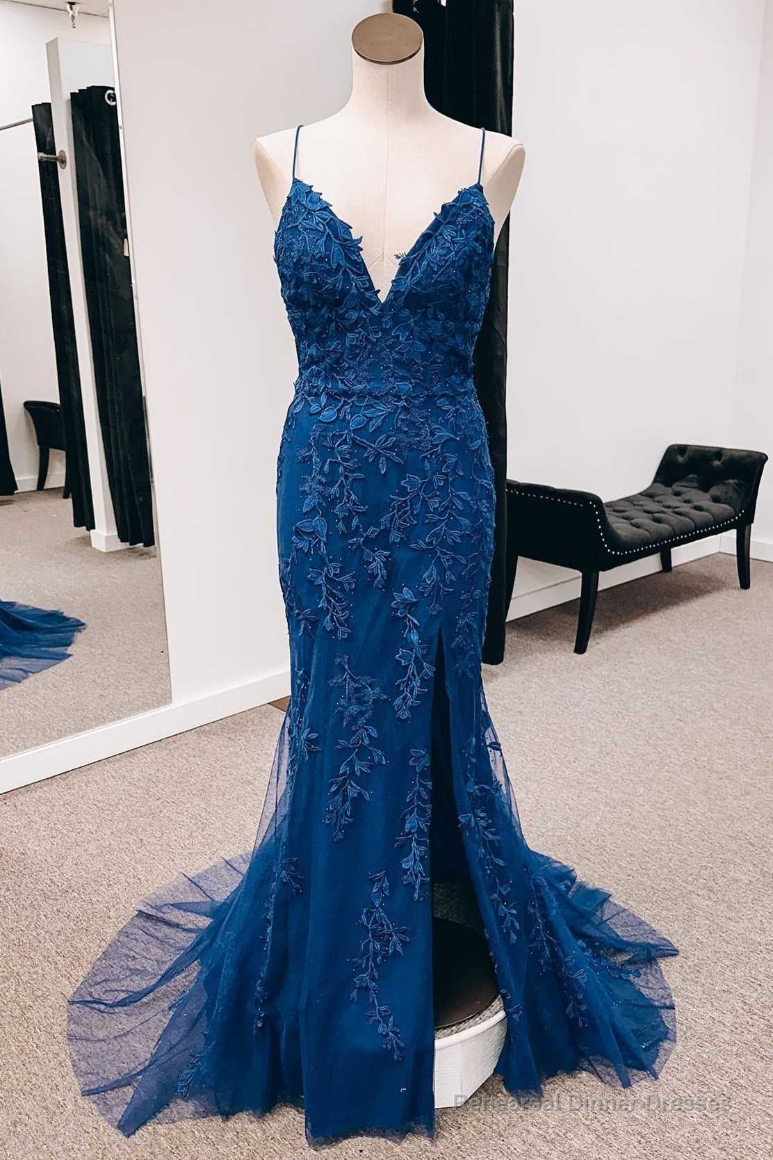 Navy Appliques Lace-Up Back Mermaid Long Formal Dress with Slit Main image