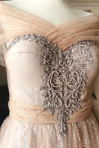 Blushing Pink A-line Illusion PortraitBeaded Appliques Lace-Up Long Prom Dress