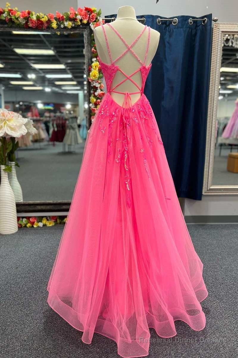 Hot Pink Tulle Appliques Lace-Up A-Line Long Prom Dress