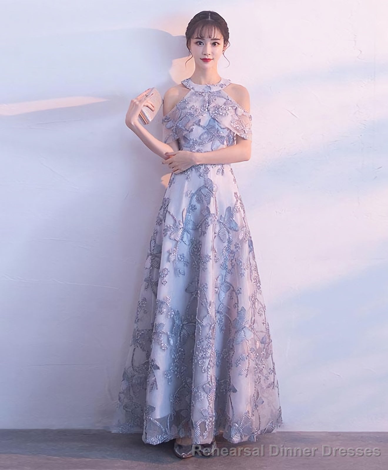 Gray Lace Long Prom Dress Gray Lace Bridesmaid Dress Main image