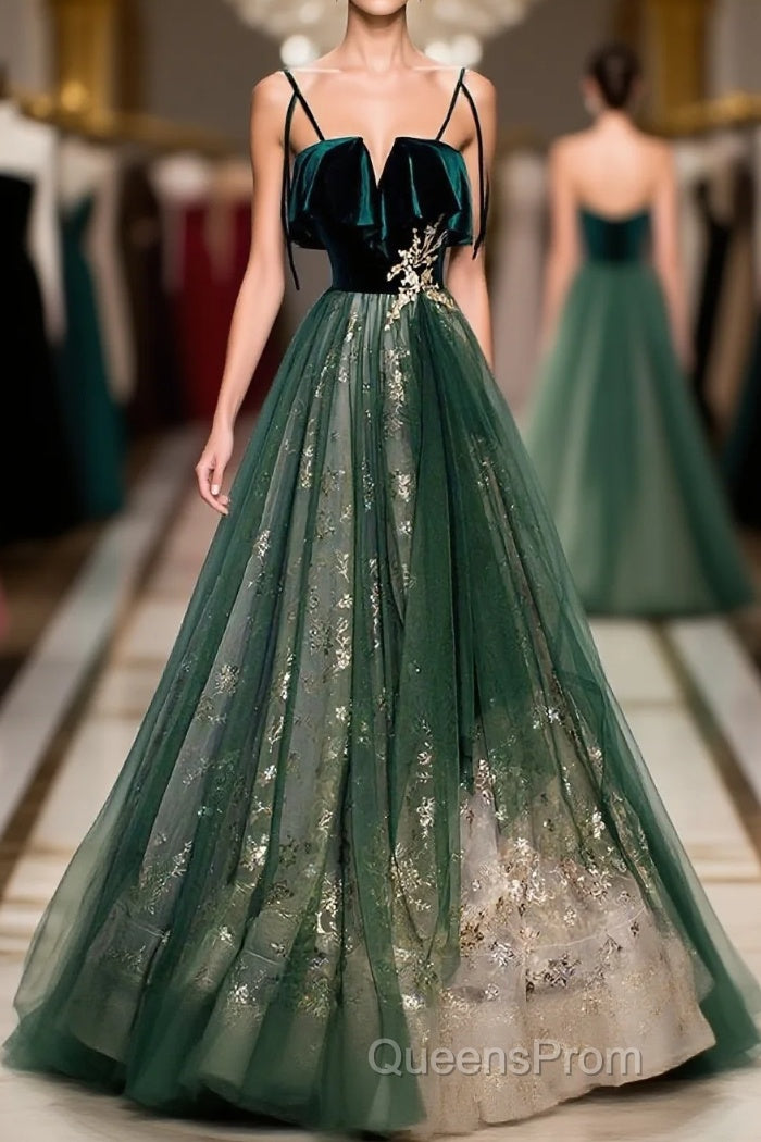 Green Tulle Lace Long Evening Prom Dress, Green Tulle Lace Formal Dress, 1