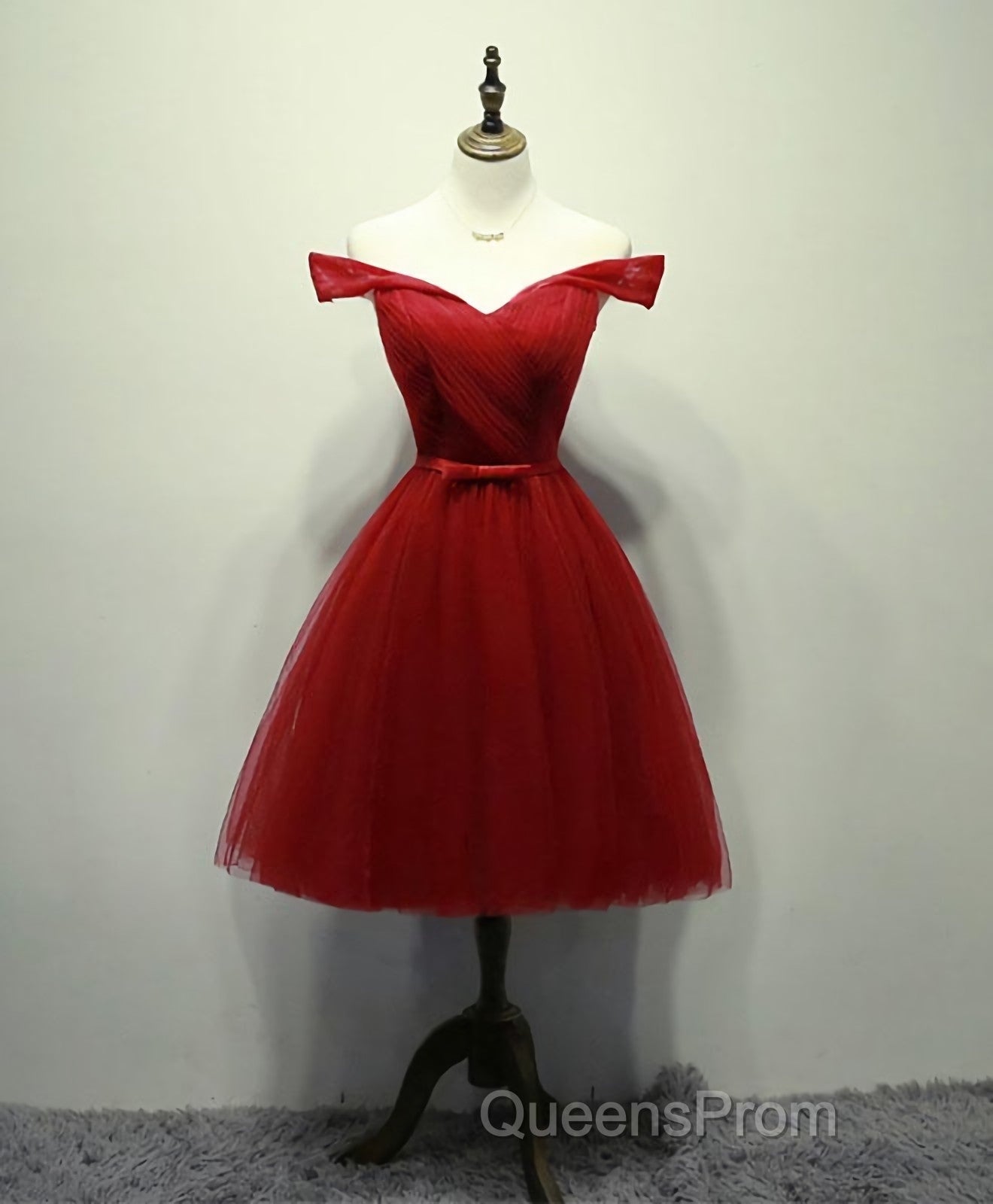 Simple V Neck Tulle Off Shoulder Short Evening Prom Dress, Pink Homecoming Dress