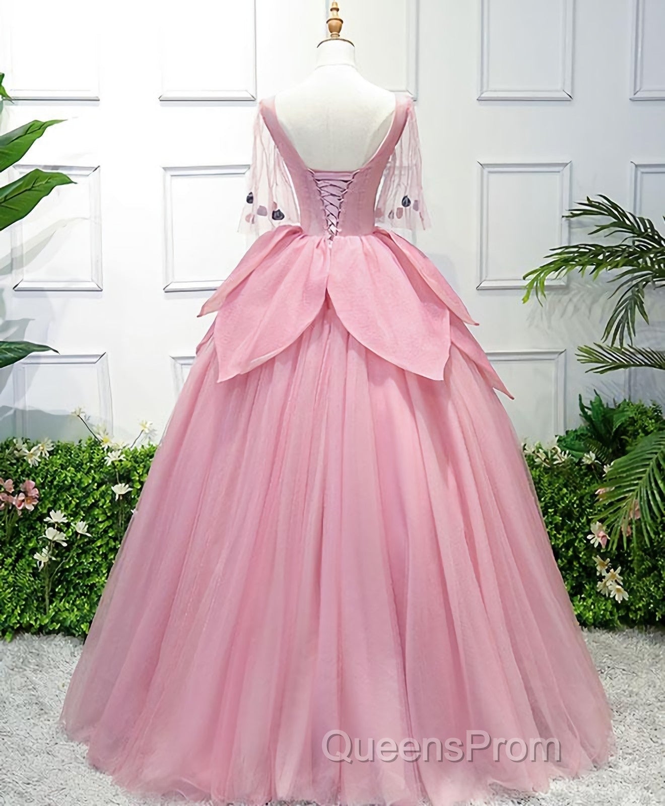 Pink V Neck Tulle Lace Applique Long Evening Prom Dress, Pink Evening Dress, 1 Secondary image