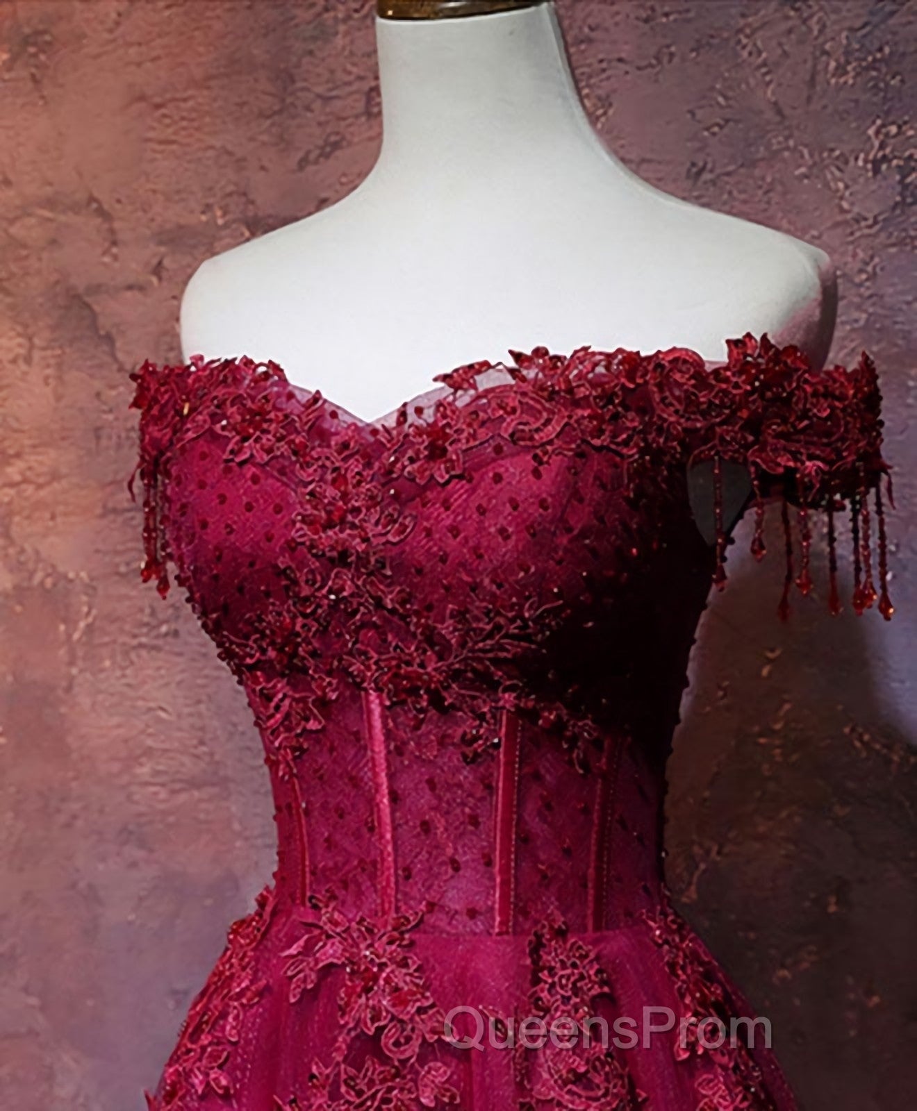 Burgundy Tulle Lace Off Shoulder Long Evening Prom Dress, Burgundy Lace Evening Dress
