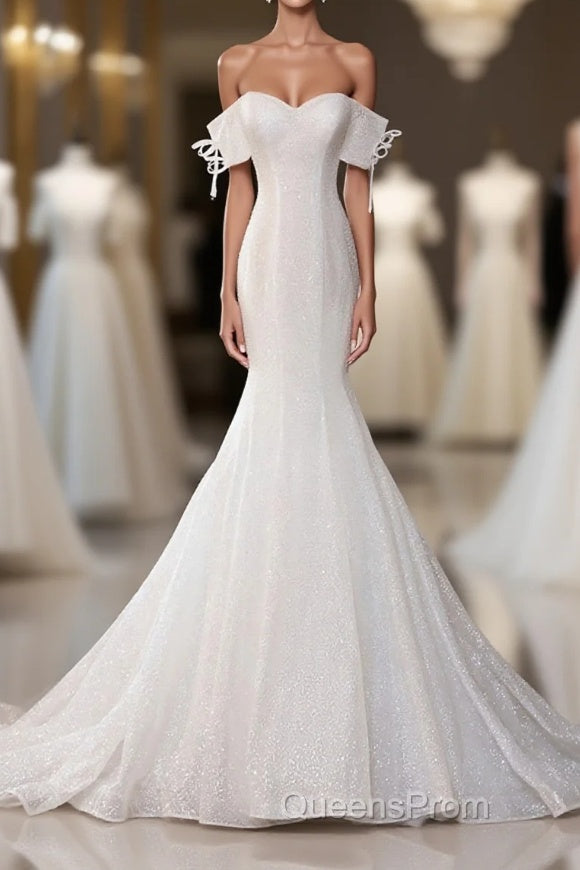 White Sequin Mermaid Long Evening Prom Dress, White Wedding Dress Main image