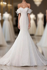 White Sequin Mermaid Long Evening Prom Dress, White Wedding Dress