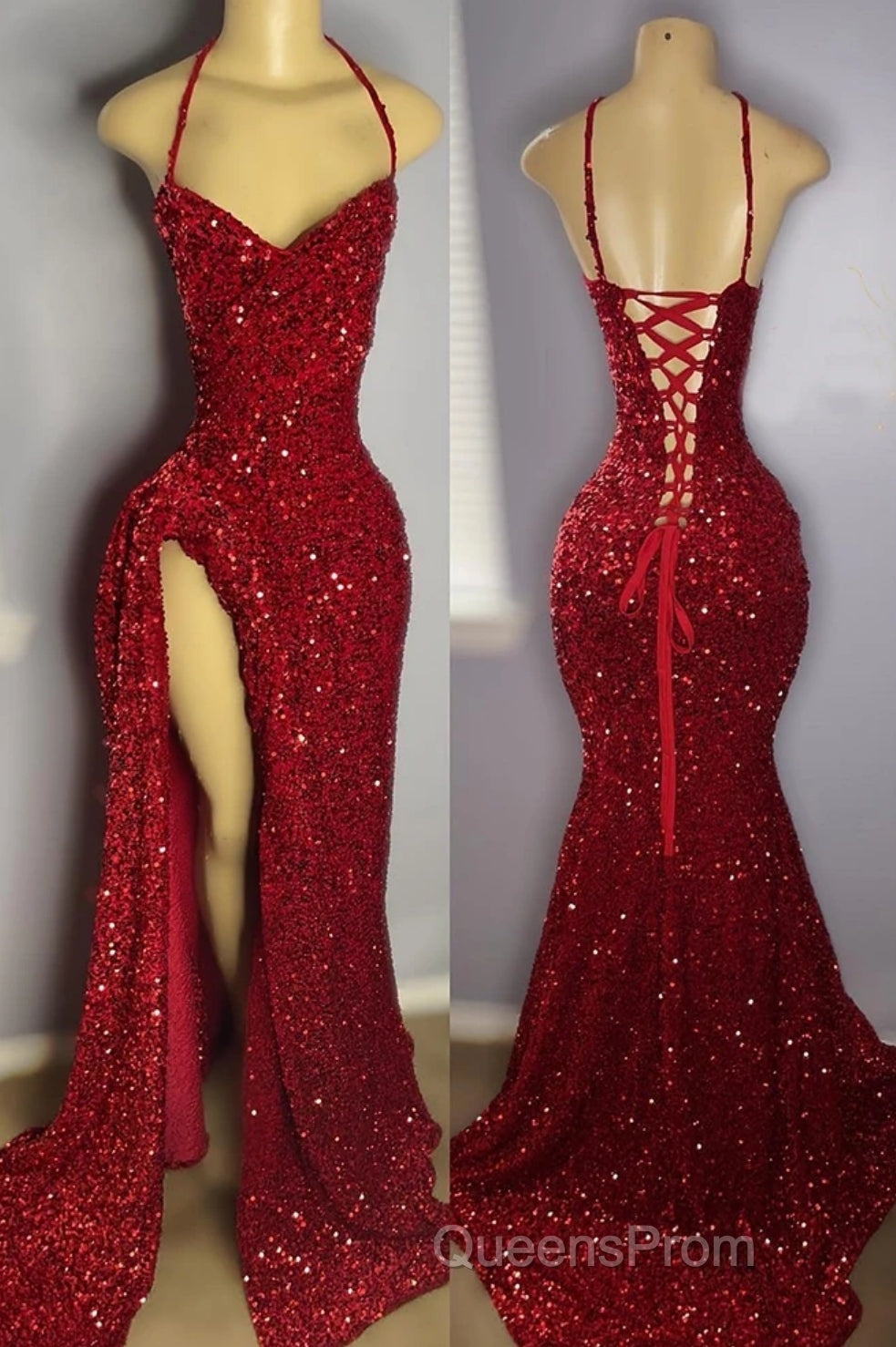 Halter Burgundy High Split Floor Length Evening Prom Dress