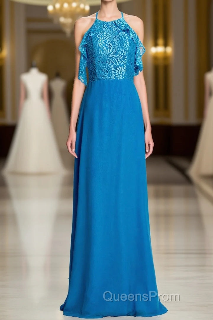 Blue A-line Lace and Chiffon Full Length Bridesmaid Dress Main image