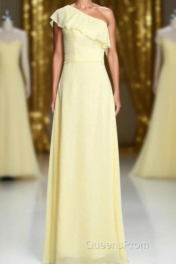 One Shoulder Yellow Ruffles A-line Long Bridesmaid Dress Main image