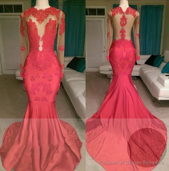 2025 Red Mermaid See Through Long Sleeves Satin Appliques Long Prom Dresses Main image