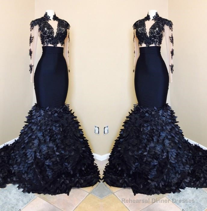 Dark Navy Mermaid Long Sleeves See Through Leaves Pleated African Prom Dresses Main image