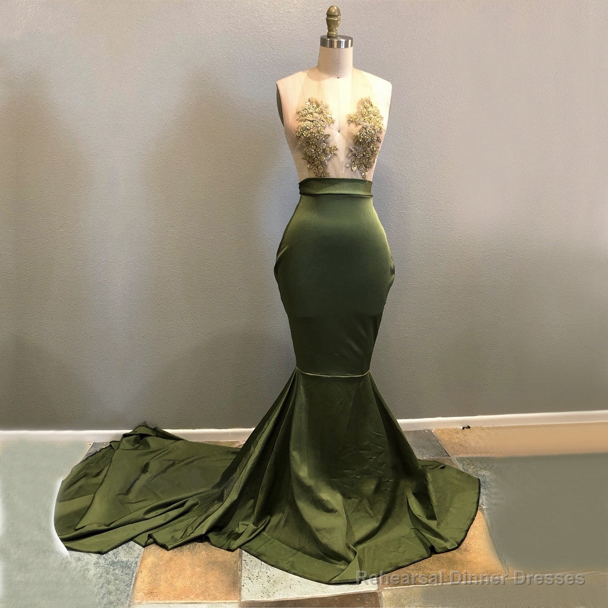 Long Green Halter Deep V Neck Elastic Satin With Appliques Backless Prom Dresses Main image