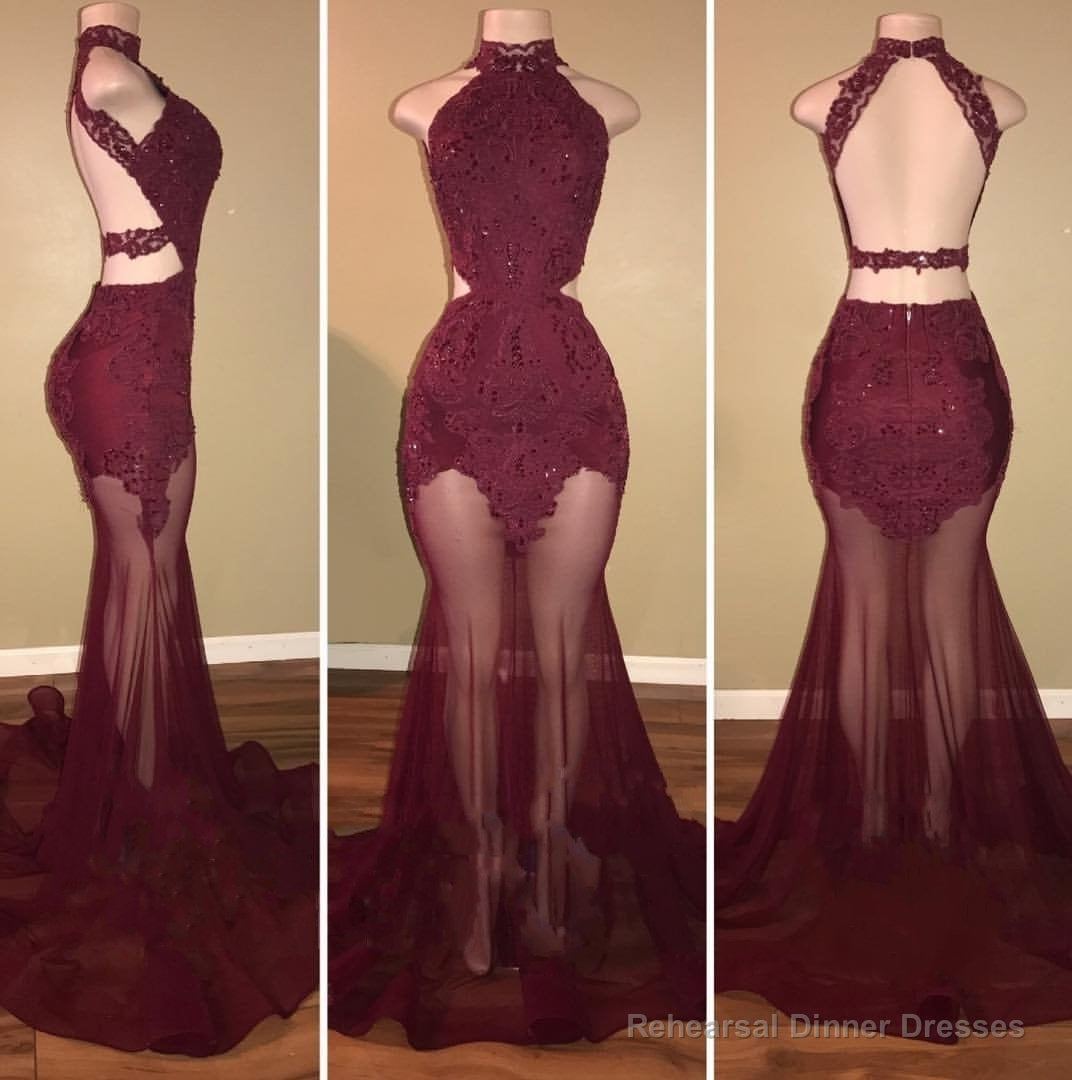 Burgundy Mermaid See Through Backless Tulle African Prom Dresses Main image