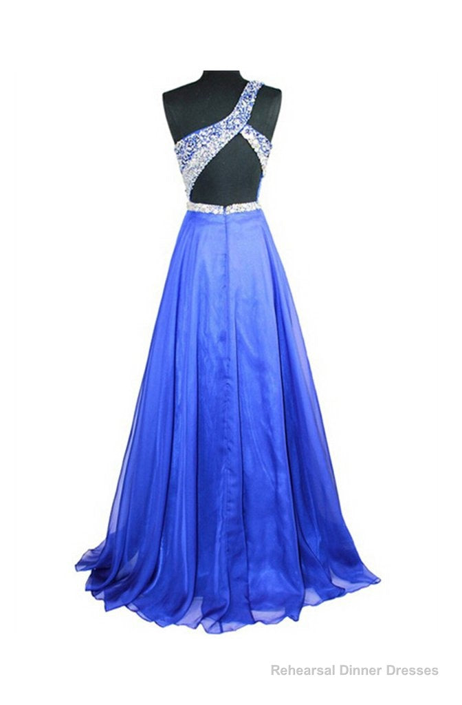 Cheap A Line Royal Blue Chiffon One Shoulder Beaded Prom Dresses Secondary image