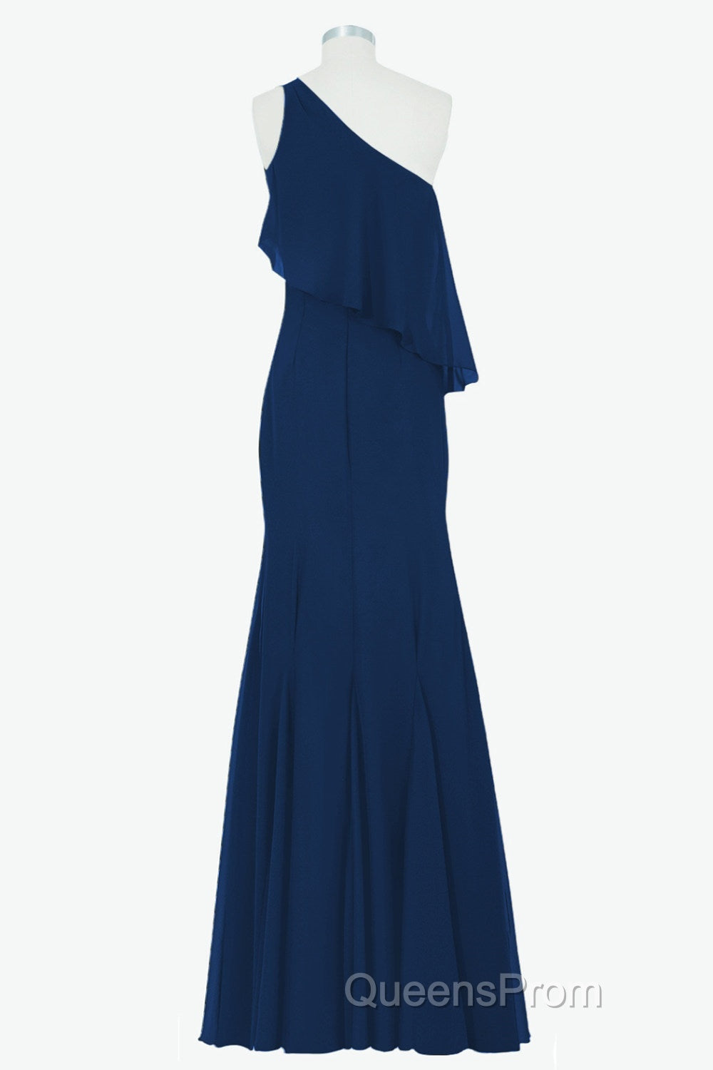 One Shoulder Navy Blue Flounce Mermaid Long Bridesmaid Dress Secondary image