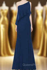 One Shoulder Navy Blue Flounce Mermaid Long Bridesmaid Dress