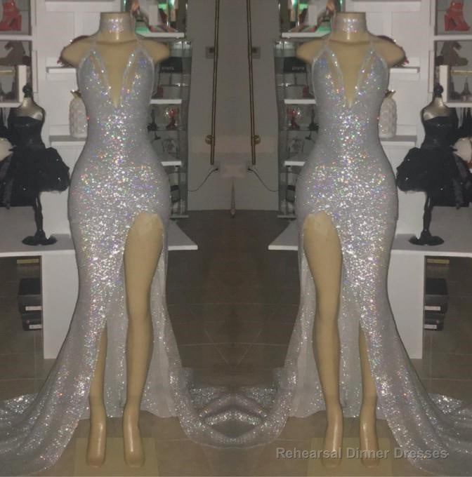 2025 Sexy Silver Halter V-neck Side Split Sequins Prom Dresses