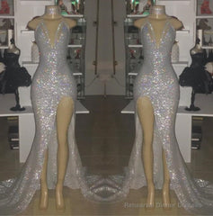 2025 Sexy Silver Halter V-neck Side Split Sequins Prom Dresses