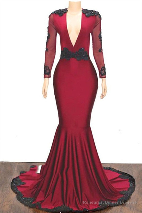 2025 Elegant Mermaid/Trumpet V Neck Long Sleeve Applique Beaded Backless Satin Prom Dresses Main image