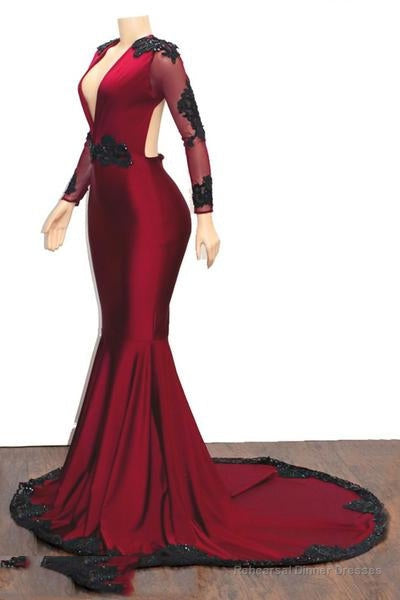 2025 Elegant Mermaid/Trumpet V Neck Long Sleeve Applique Beaded Backless Satin Prom Dresses Secondary image