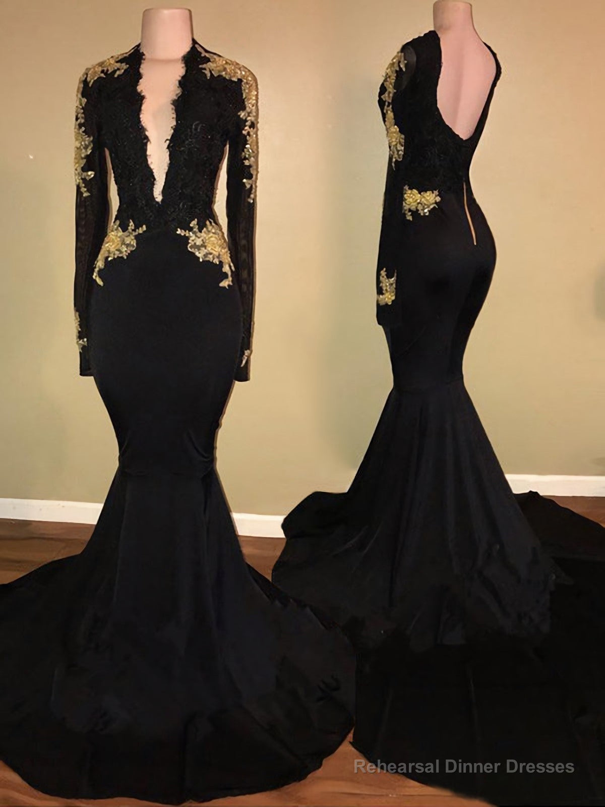 Deep V Neck Backless Long Sleeve Satin Black Mermaid Appliques 2025 Prom Dresses Main image