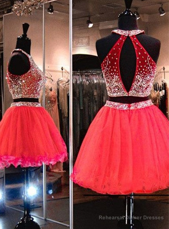 Sleeveless Two Pieces A line Pleated Organza Red Halter Rhinestone Backless Homecoming Dresses Main image
