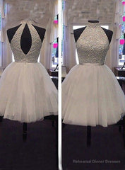 Tulle Sleeveless Halter Backless Cut Out Pleated A Line White Beading Homecoming Dresses