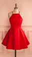 Sleeveless Red Halter Spaghetti Straps A Line Pleated Satin Short Homecoming Dresses