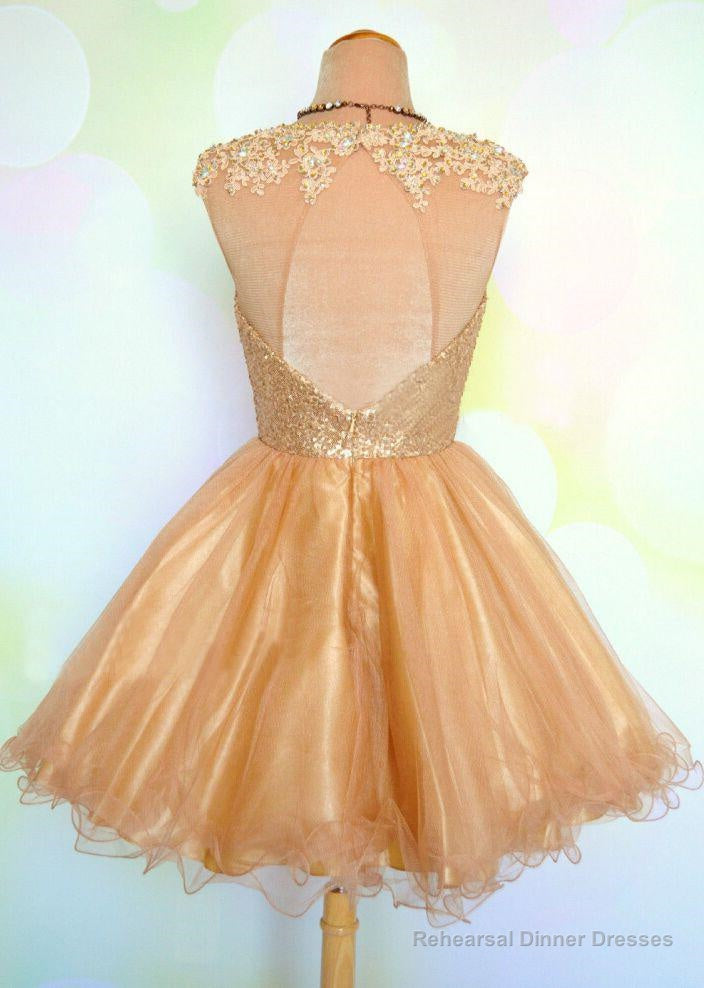 Cap Sleeve Jewel Appliques Sequins Sheer A Line Gold Organza Backless Homecoming Dresses Main image