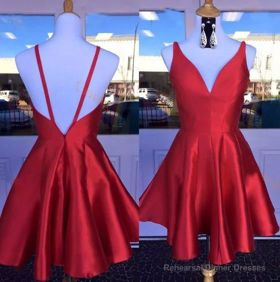 Deep V Neck Red Straps Backless Sleeveless A Line Satin Pleated Homecoming Dresses Main image