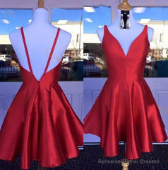 Deep V Neck Red Straps Backless Sleeveless A Line Satin Pleated Homecoming Dresses