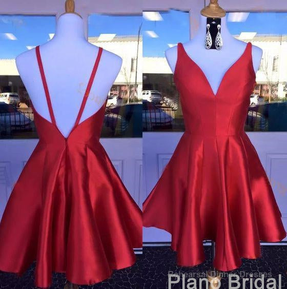 Deep V Neck Red Straps Backless Sleeveless A Line Satin Pleated Homecoming Dresses Secondary image