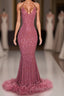 2023 Charming Mermaid Hot Pink Sequence With Feathers Halter Backless Evening Prom Dress