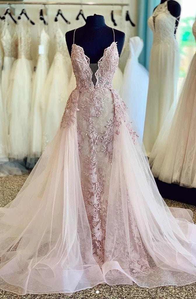 Cheap 2025 Pearl Pink Tulle Halter V Neck Lace Detachable Train Prom Dresses Main image