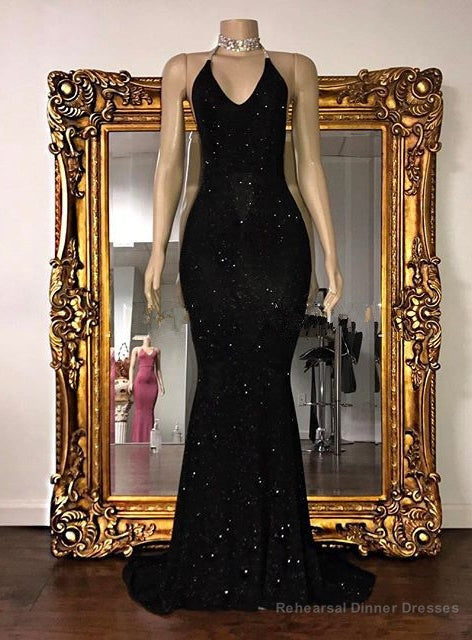 Sexy 2025 Black Halter Mermaid Sequence Backless Prom Dresses Main image