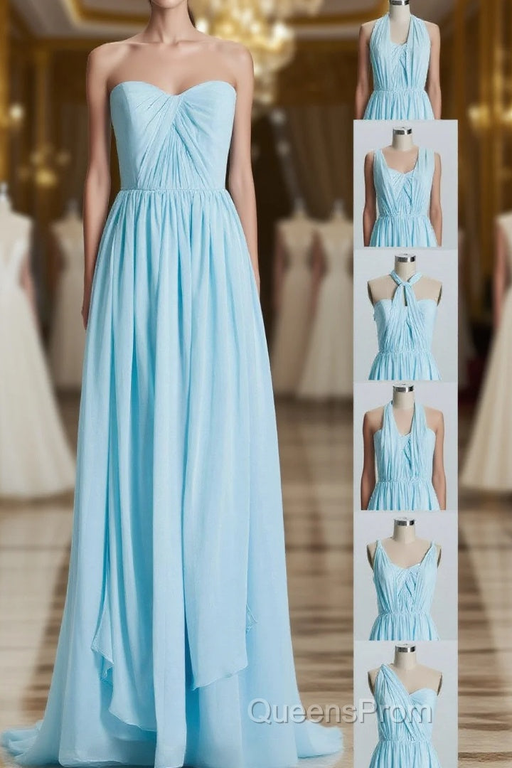 Blue Chiffon A-line Long Convertible Bridesmaid Dress