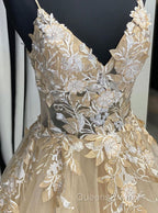Champagne V Neck Tulle Lace Long Evening Prom Dress Evening Dress
