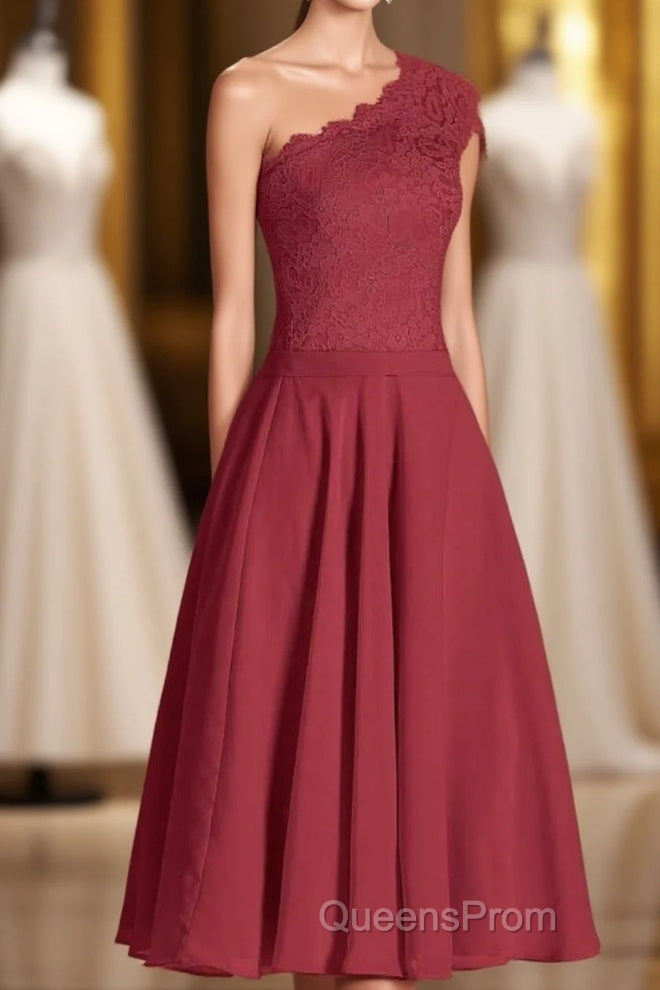One-Shoulder Burgundy Lace A-Line Short Bridesmaid Dress Main image