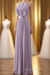 Lilac Halter Open Back Ruffled Long Bridesmaid Dress