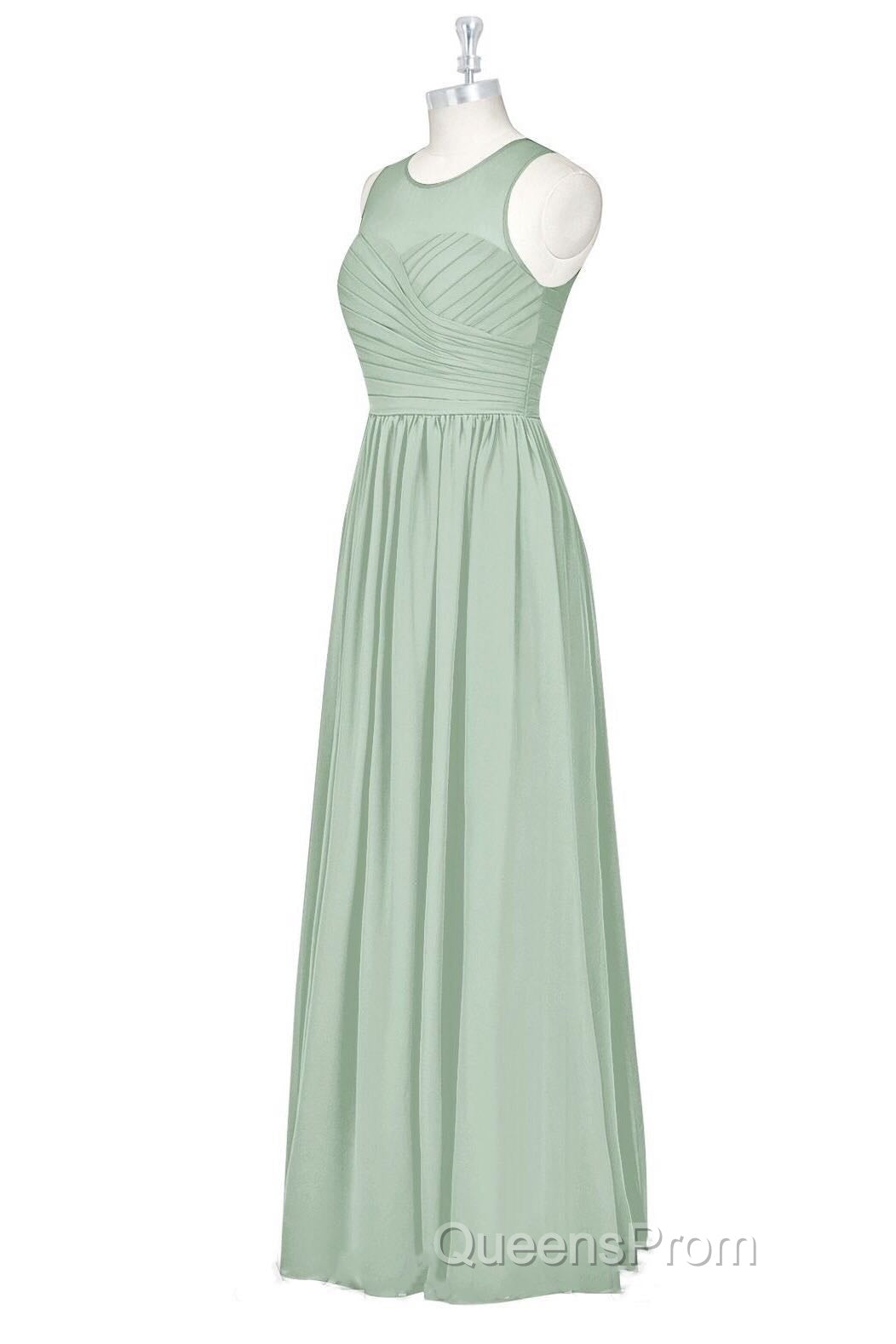 Sage Green Chiffon Sheer Neck A-Line Long Bridesmaid Dress Secondary image